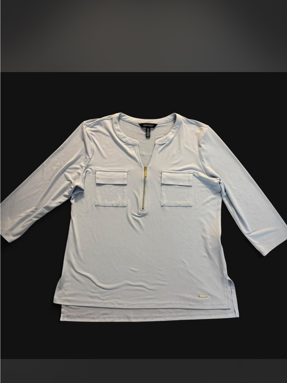 Ellen Tracy Pale Blue Knit Top with Pockets and gold zipper